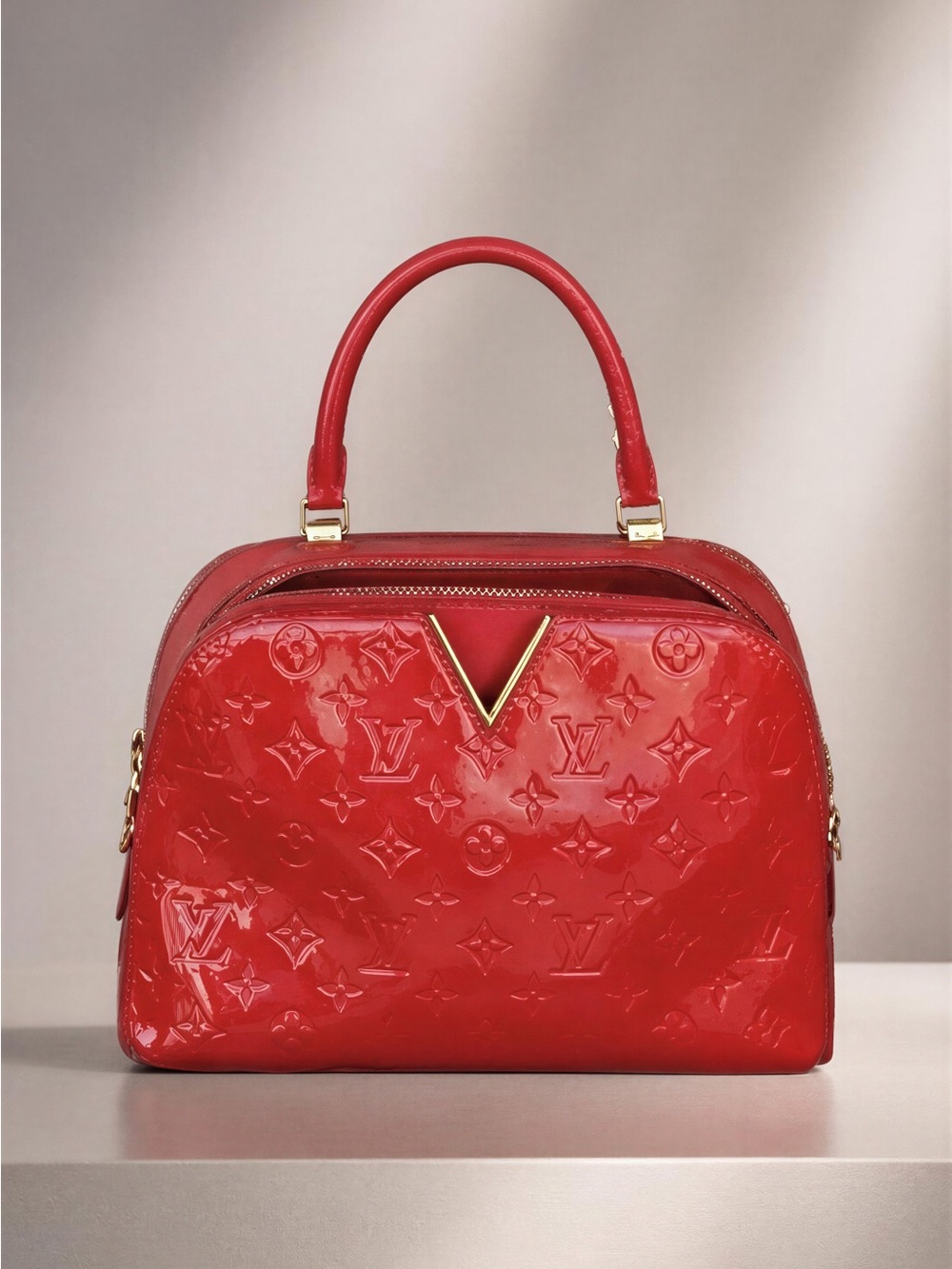 Louis Vuitton Red Vernis Dome Satchel with Gold V Accent